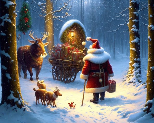 Santa Claus in a winter forest with a gift-laden cart
