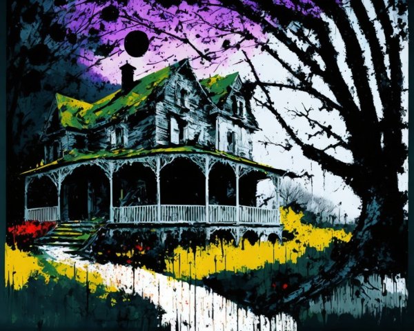 Victorian House with Wraparound Porch and Abstract Sky