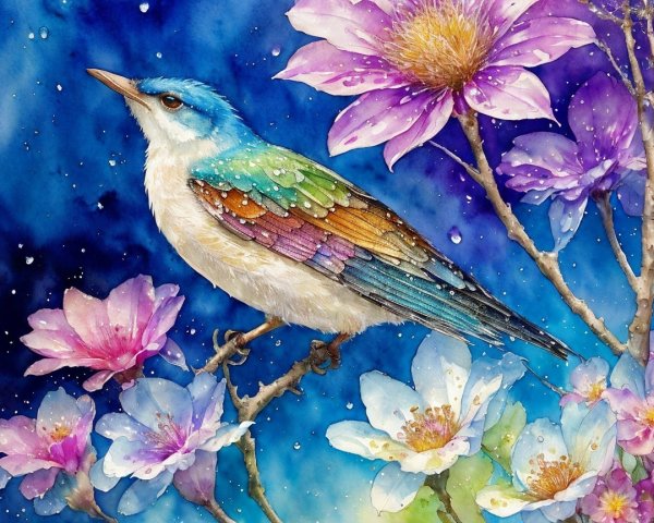 Vibrant Bird Illustration with Flowers and Dreamy Background