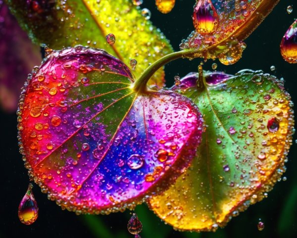 Vibrant Iridescent Leaves with Water Droplets