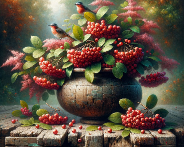 Rustic Wooden Pot with Red Berries and Green Leaves