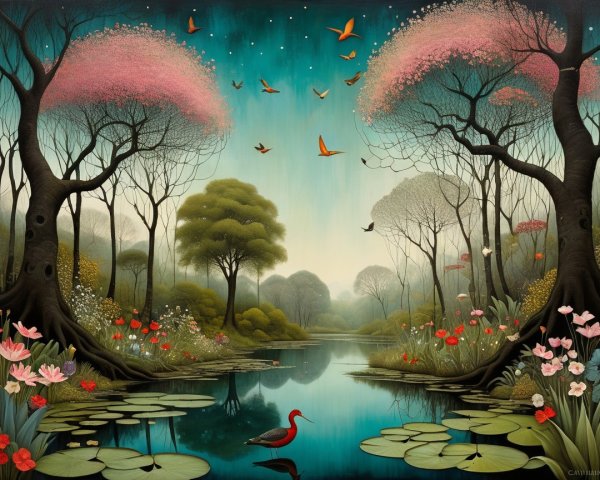Tranquil Pond Surrounded by Whimsical Trees and Flowers
