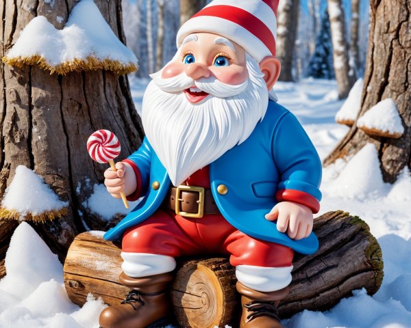 Cartoon Gnome in Snowy Forest with Lollipop