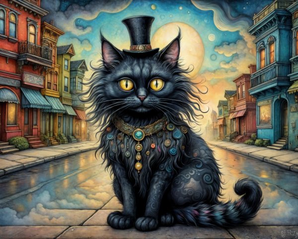 Whimsical Black Cat in Colorful Fantasy Setting