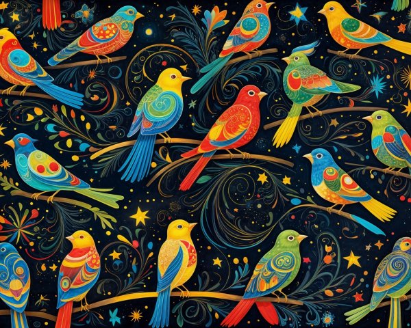 Colorful Birds on Branches with Starry Background