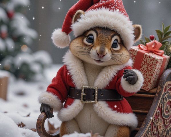 Cute Chipmunk in Santa Outfit on Wooden Sled in Snow
