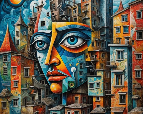 Surreal cityscape with abstract human face and vibrant buildings