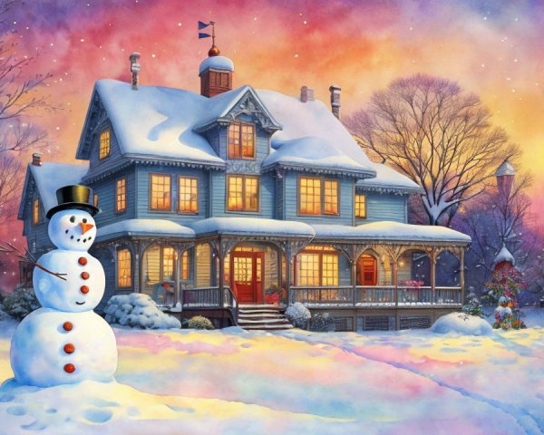 Watercolor Painting of a Victorian House in Winter