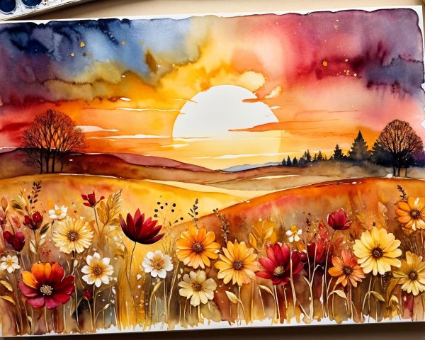 Vibrant Watercolor Landscape of Sunset Over Hills