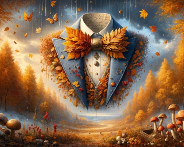 Surreal Landscape with Blue Suit and Autumn Leaves