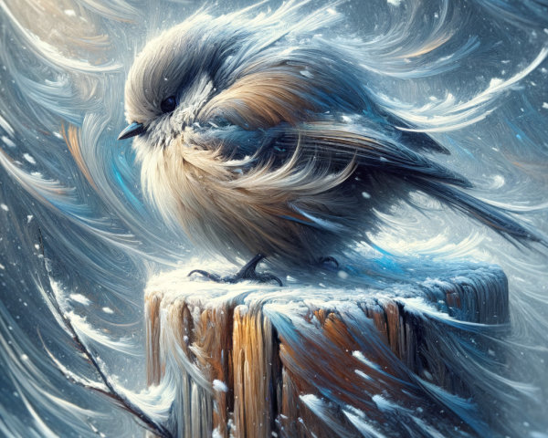 Fluffy Bird on Weathered Stump in Winter Scene