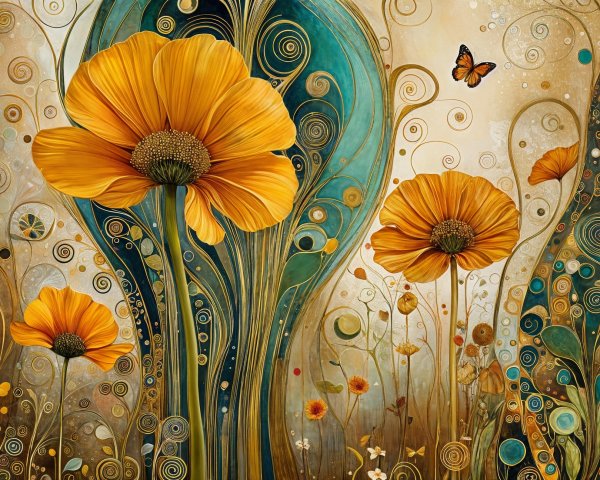 Vibrant Artwork of Yellow Flowers and Turquoise Patterns