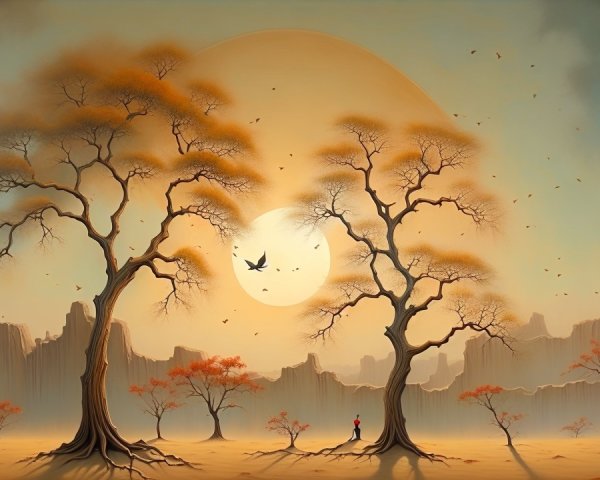 Tranquil Landscape with Gnarled Trees at Sunset