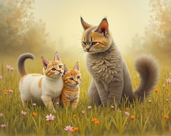 Cats in a Meadow Surrounded by Wildflowers