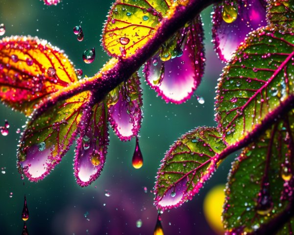 Close-Up of Green Leaves with Colorful Water Droplets