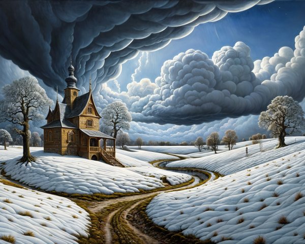 Whimsical House on a Snowy Hill with Dramatic Clouds