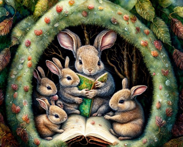 Wise Rabbit Reads to Young Bunnies in Enchanted Forest