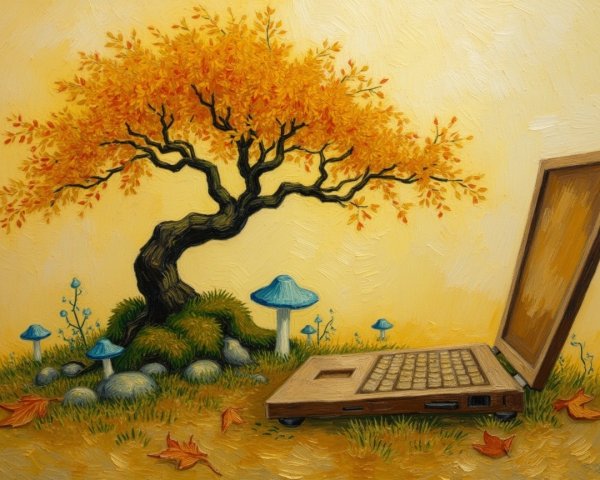 Whimsical Autumn Scene with Orange Tree and Laptop