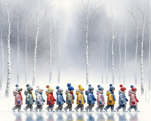 Children in Colorful Coats Walking in Snowy Landscape