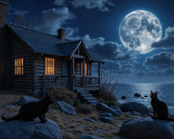Cozy Log Cabin by Moonlit Lake with Cats