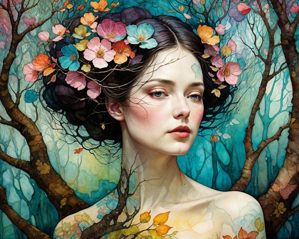 Portrait of a Woman with Floral Crown in Nature