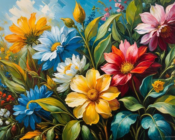 Vibrant Flower Bouquet Against Bright Blue Sky