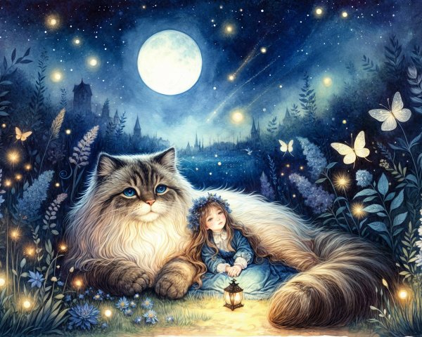 Whimsical Moonlit Landscape with Cat and Girl