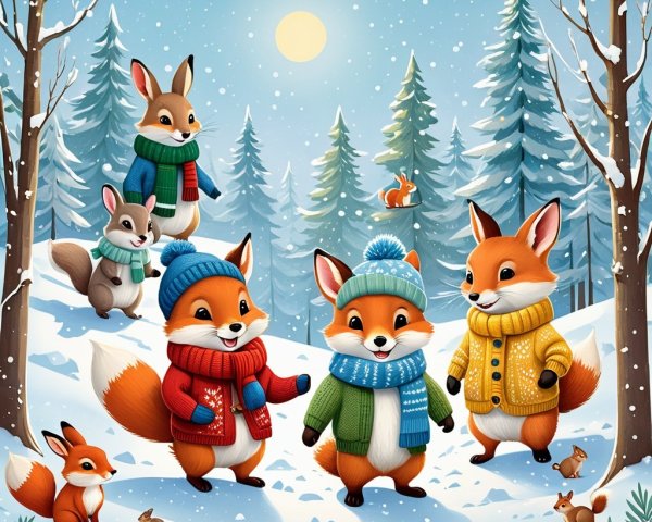 Winter Scene with Foxes and Rabbit in Sweaters