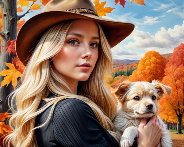 Young Woman with Puppy in Autumn Landscape