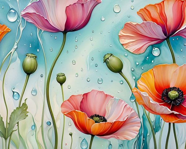 Vibrant Poppies in Pink, Orange, and Red Against Turquoise