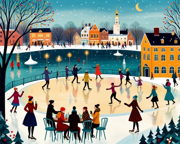 Vibrant Winter Scene with Ice Skating and Cozy Homes