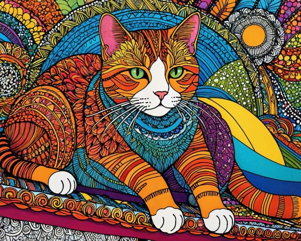 Vibrant Illustration of a Striped Cat on Colorful Background