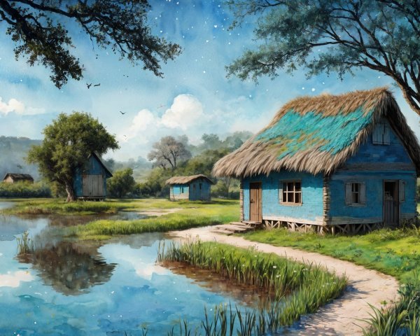 Tranquil Landscape with Blue Cottages and Lush Greenery