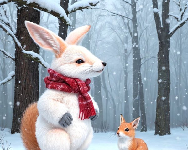 Fluffy White Rabbit and Orange Fox in Snowy Forest