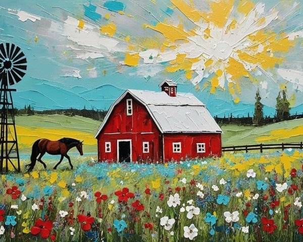 Vibrant Rural Landscape with Barn, Horse, and Windmill