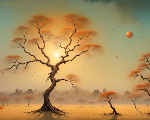 Surreal landscape with orange trees and twilight sky