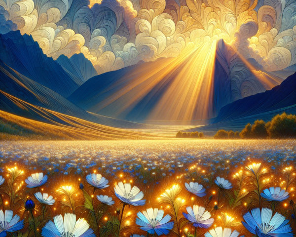 Majestic Mountains and Vibrant Sky with Blue Flowers