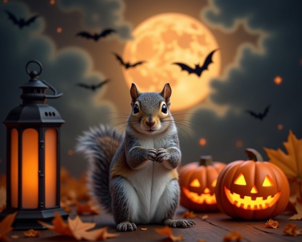 Squirrel in Autumn Leaves with Lantern and Pumpkins