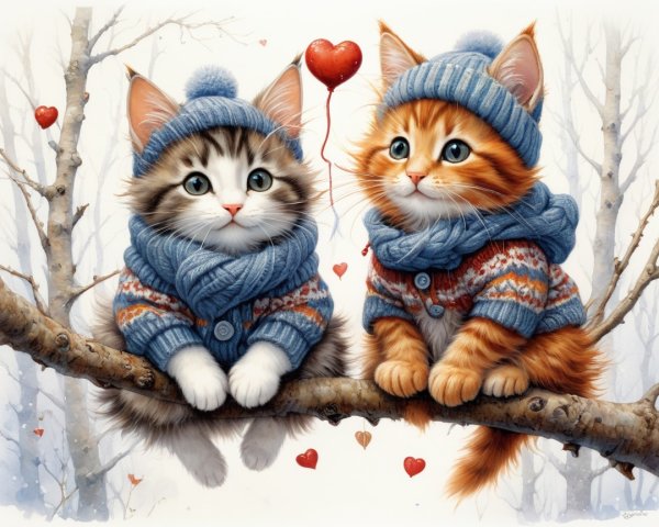 Kittens in Sweaters on Snowy Branch with Heart Balloon
