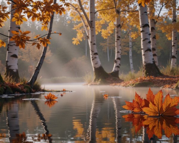 Autumn Landscape with Birch Trees and Calm Waters
