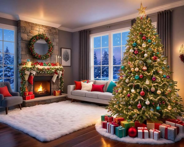 Cozy Christmas Living Room with Decorated Tree