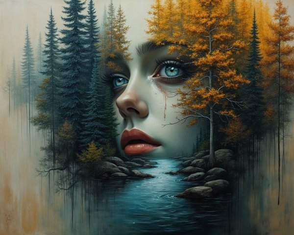 Surreal Landscape with Woman's Face and Emotions