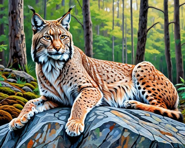 Lynx Resting on Mossy Rock in Forest Setting