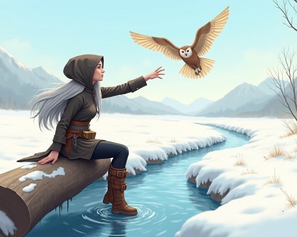 Winter Scene with Woman, Owl, and Snowy Mountains