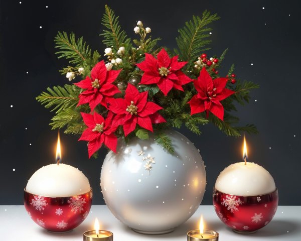 Festive Poinsettia Arrangement with Ornaments and Candles