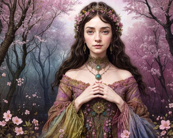 Young woman in colorful gown in cherry blossom forest
