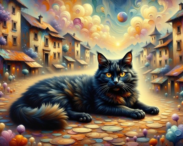 Majestic Black Cat in Whimsical Colorful Town Scene