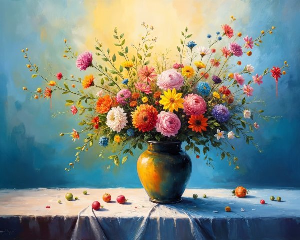 Vibrant Flower Bouquet in Rustic Vase with Fruits