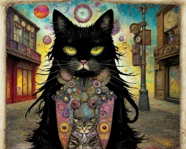 Majestic Black Cat with Tabby in Abstract Setting