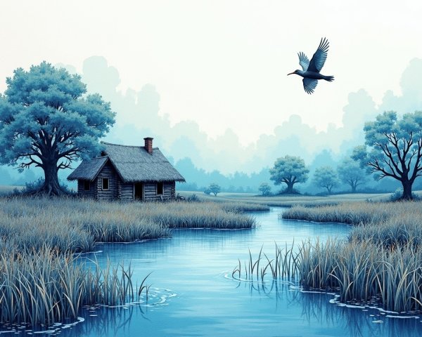 Serene Landscape with Thatched-Roof Cabin by River